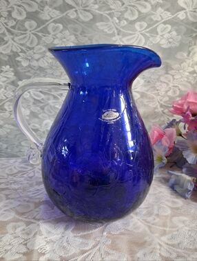Blenko Large Water Pitcher Cobalt Blue Crackle Glass Clear Handle Vintage Style